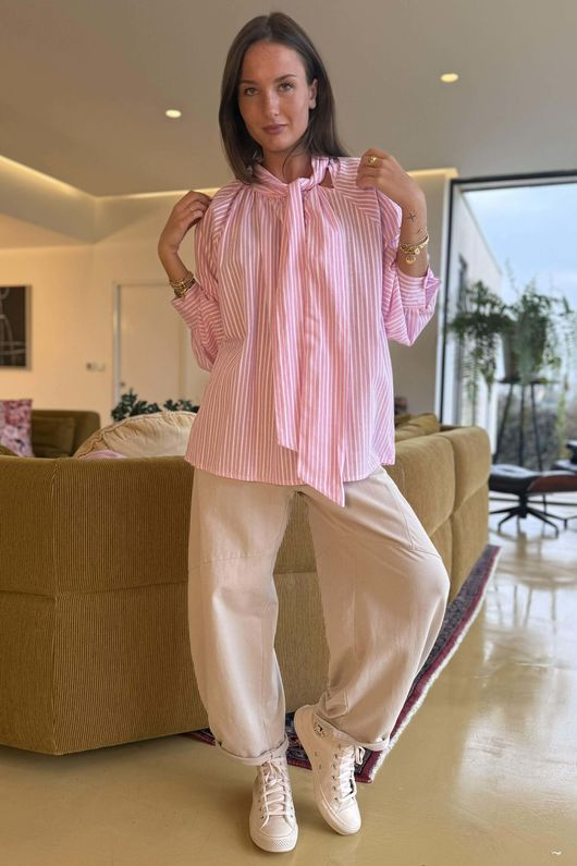 Nantucket Stripe Tie Neck Blouse Soft Peony